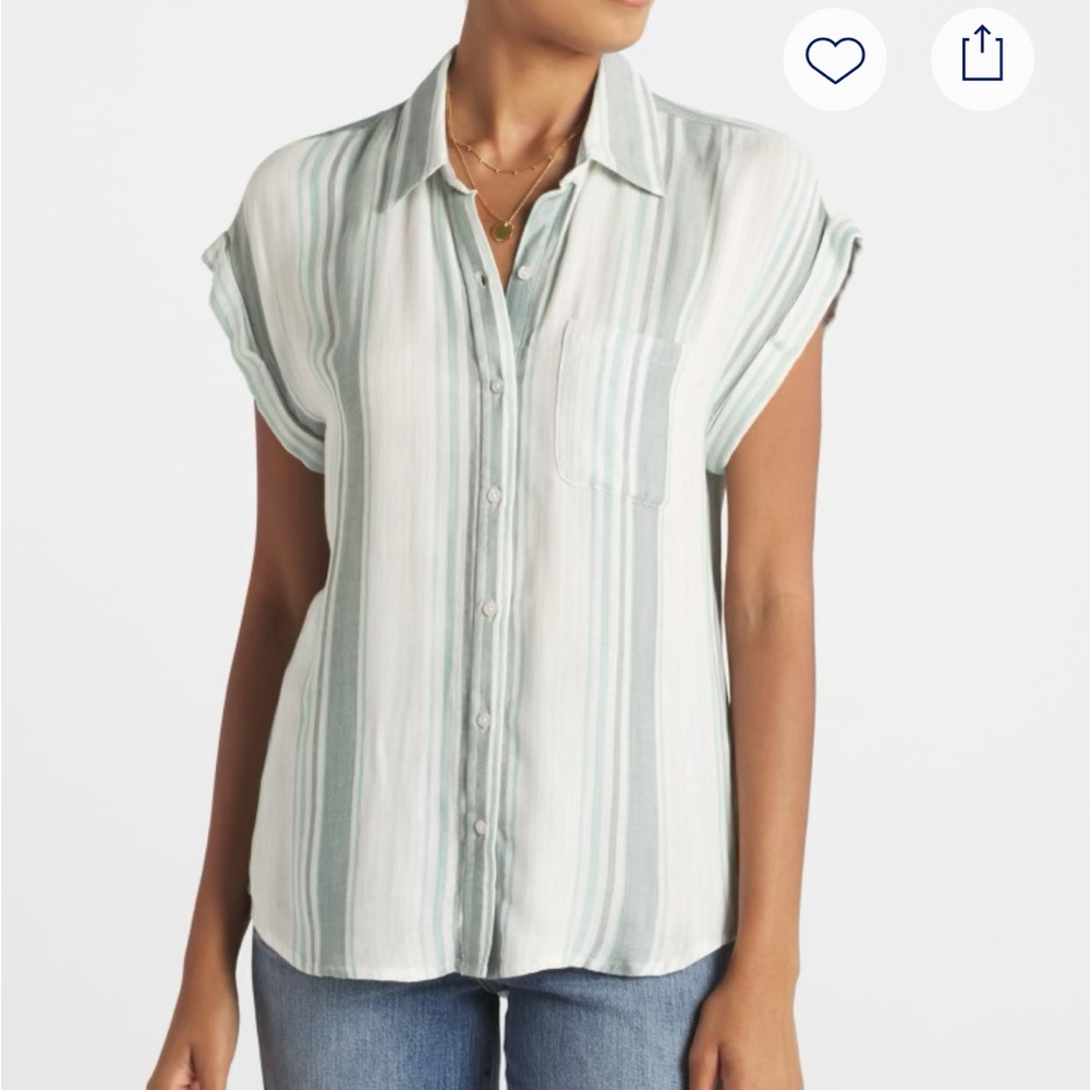 Striped Green and White Button-Up Blouse